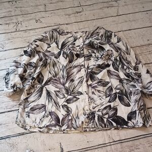 C& C California Black White Botanical Print Linen Button Up Roll Tab Shirt 3X